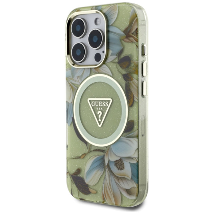 Guess - Guess iPhone 16 Pro Mobilskal Magsafe Glitter Flowers - Grön