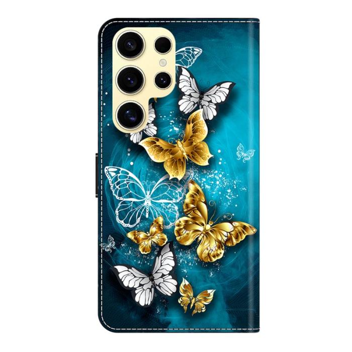 OEM - Samsung Galaxy S26 Ultra Plånboksfodral Ställning Konstläder Guld Fjäril på Grön