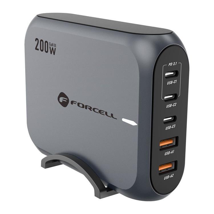 Forcell Snabbladdare 200W 3xUSB-C 2xUSB-A PD QC 4.0 GaN III SFC 2.0 5A | 505295 | AlltMobil