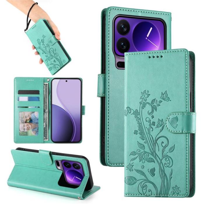 A-One Brand - Xiaomi 17 Pro Max Plånboksfodral Floral Imprint Med Handledsrem - Grön