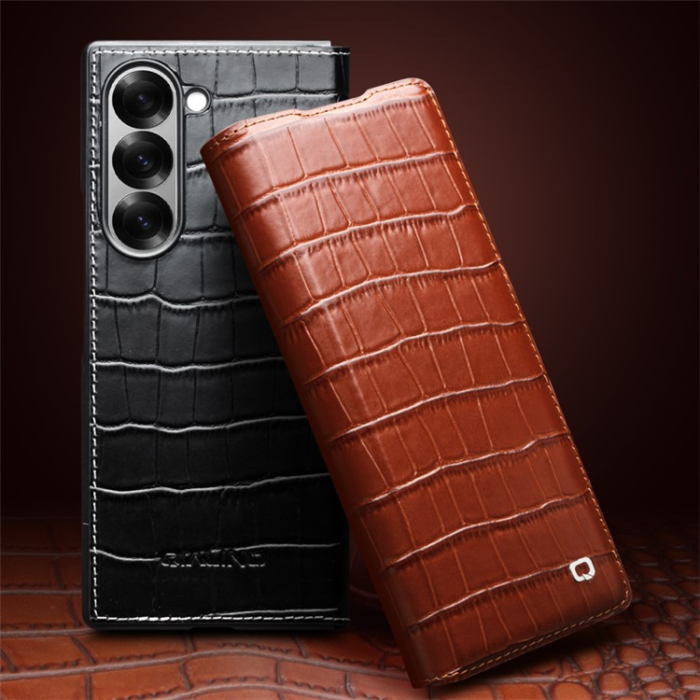 QIALINO - QIALINO Galaxy Z Fold 6 Fodral Äkta Läder Cowhide Crocodile