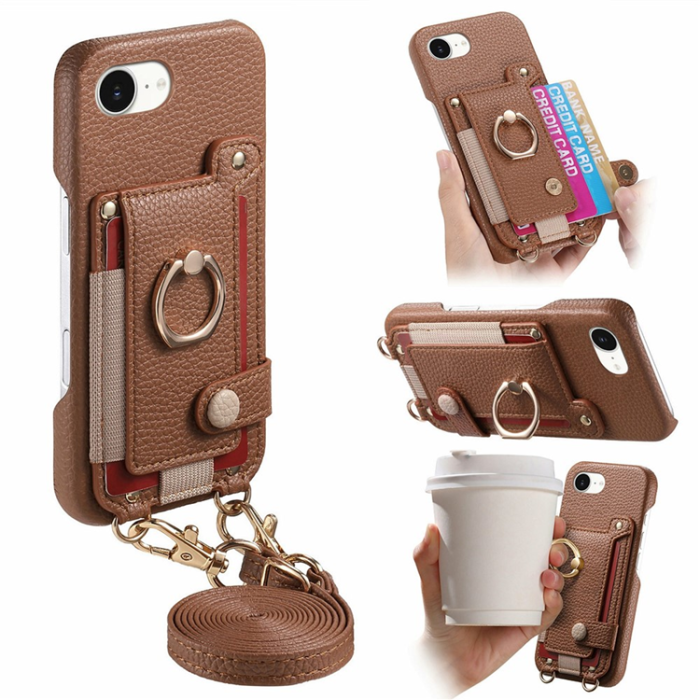 A-One Brand - iPhone 16e Mobilskal med Korthållare Ring Kickstand - Brun