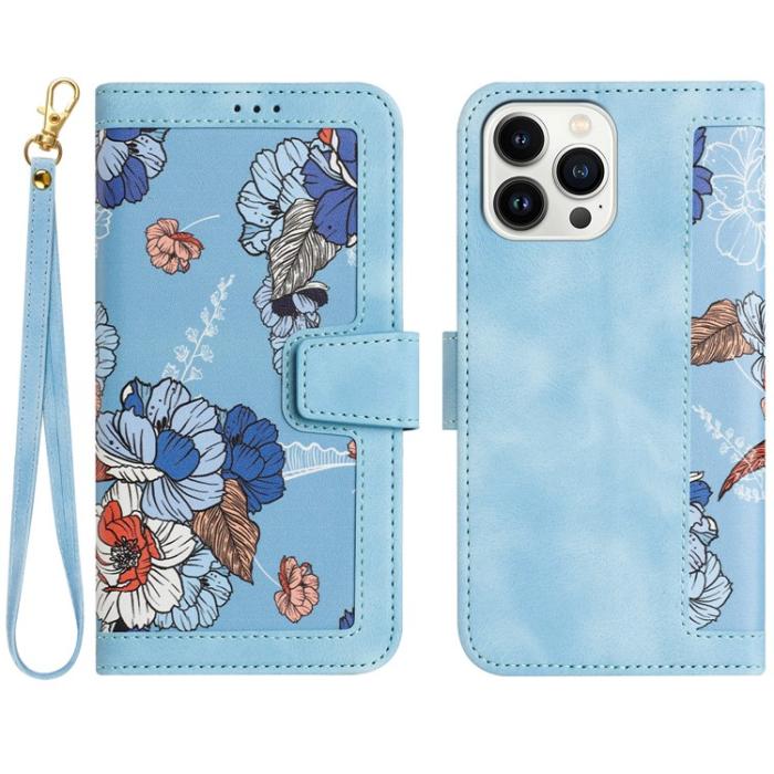 OEM - iPhone 15 Pro Plånboksfodral Flower Pattern - Ljusblå