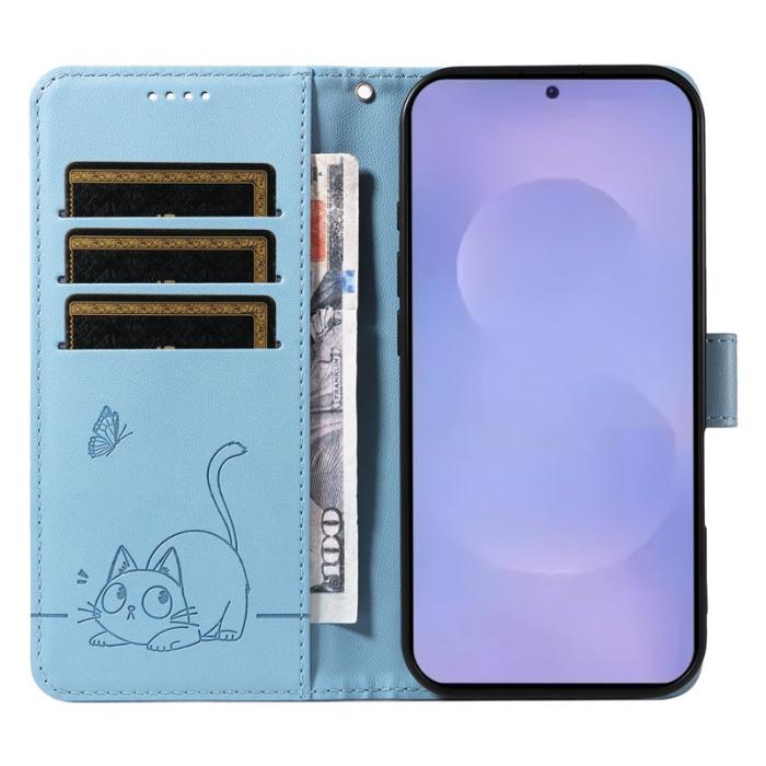 OEM - Mobilskal till Samsung Galaxy S26+ Kattmönster Imprint KonstLäder - Ljusblå