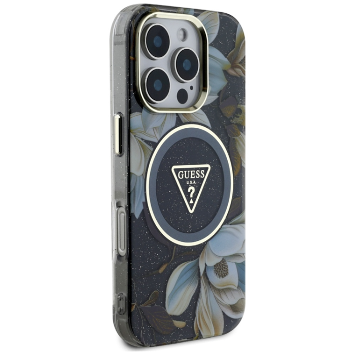 Guess - Guess iPhone 16 Pro Max Mobilskal Magsafe Glitter Flowers - Svart