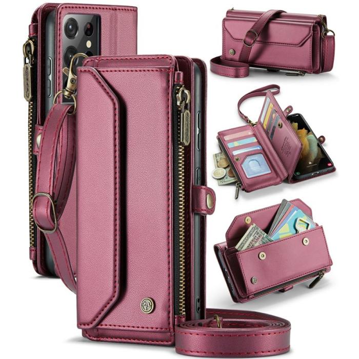 Caseme - CASEME Plånboksfodral Konstläder för Samsung Galaxy S21 Ultra 5G Vinröd