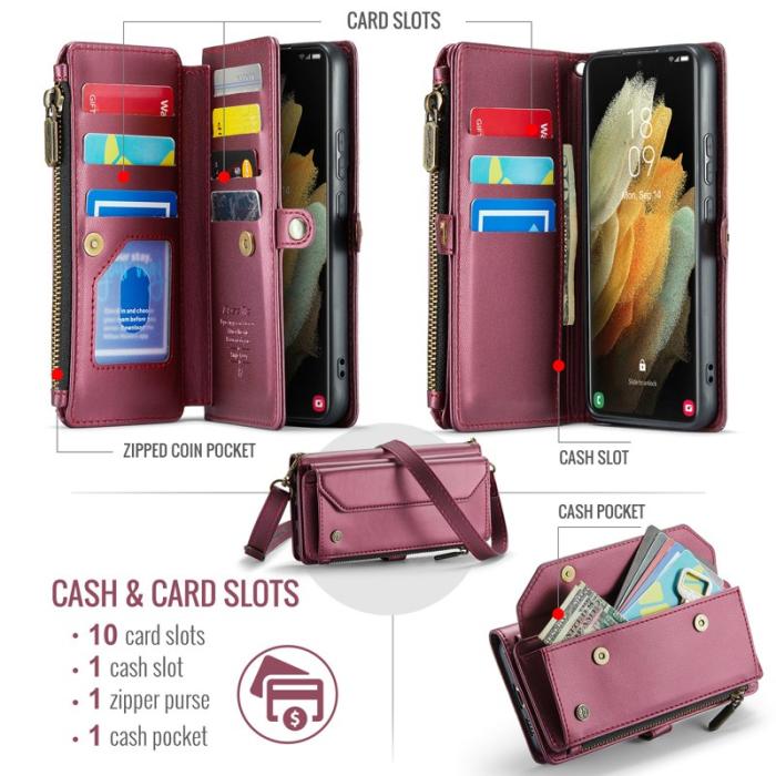 Caseme - CASEME Plånboksfodral Konstläder för Samsung Galaxy S21 Ultra 5G Vinröd