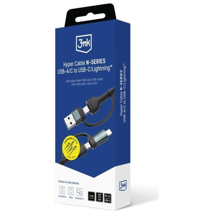 3MK - 3MK USB-A/USB-C till USB-C/Lightning 60W kabel 9V/2A 1.2m Hyper - Svart