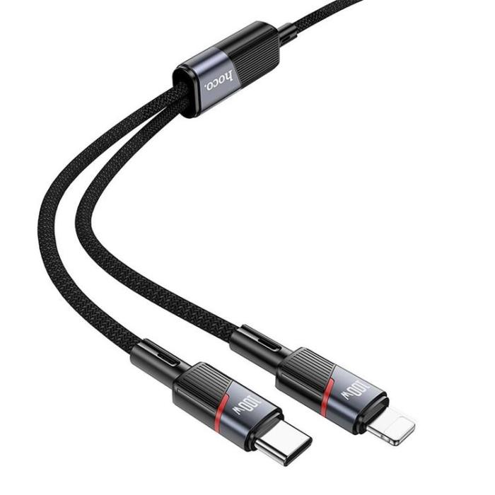 Hoco - Hoco 2in1 USB-C/USB-C/Lightning 100W 5A Kabel 1.2m U139 Svart
