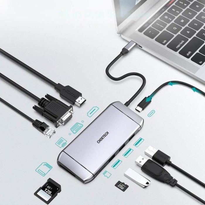 Choetech - Choetech 9in1 Multifunktionell HUB 3 x USB Till USB-C - Grå