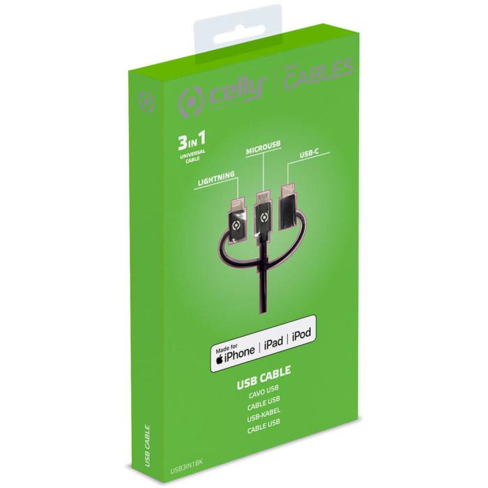 Celly - CELLY 3in1 kabel microUSB / Lightning / USB-C 1m