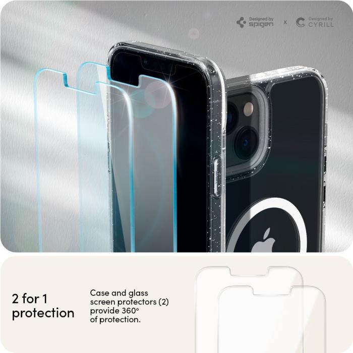 UTGATT1 - Spigen iPhone 14 Skärmskydd i Härdat Glas 2-Pack + Magsafe Skal Cyrill