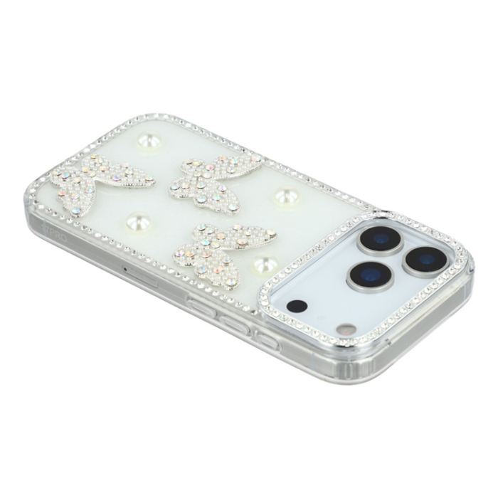 A-One Brand - iPhone 17 Pro Max Mobilskal Rhinestone Edge Pearl Butterfly