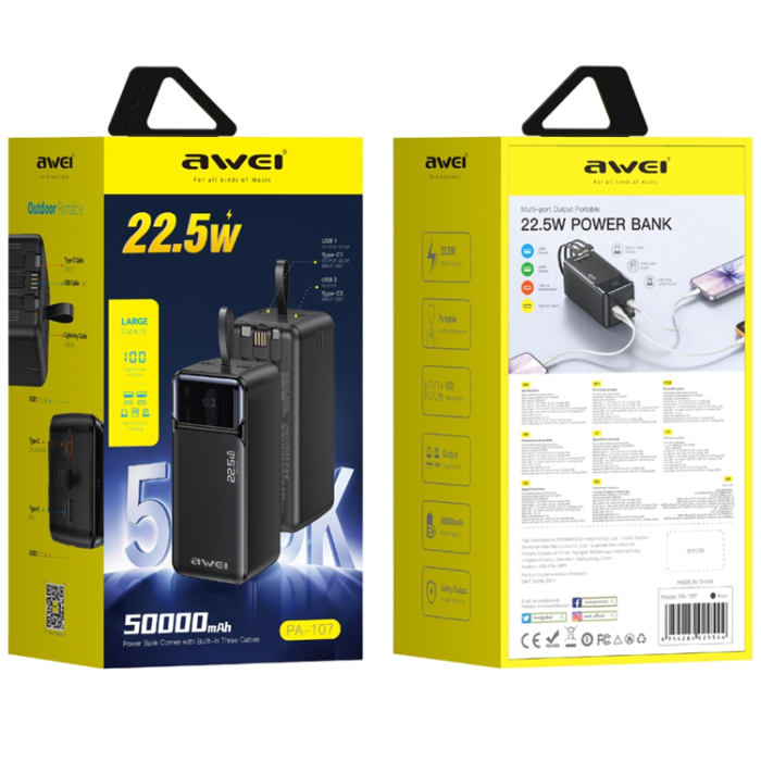 Awei - Awei Powerbank 50000mAh 22.5W 3xUSB PA-107 - Svart