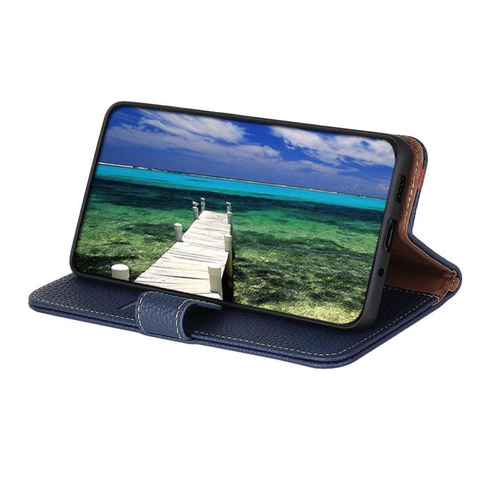 KHAZNEH - KHAZNEH Litchi Äkta Läder Plånboksfodral Google Pixel 6 - Blå
