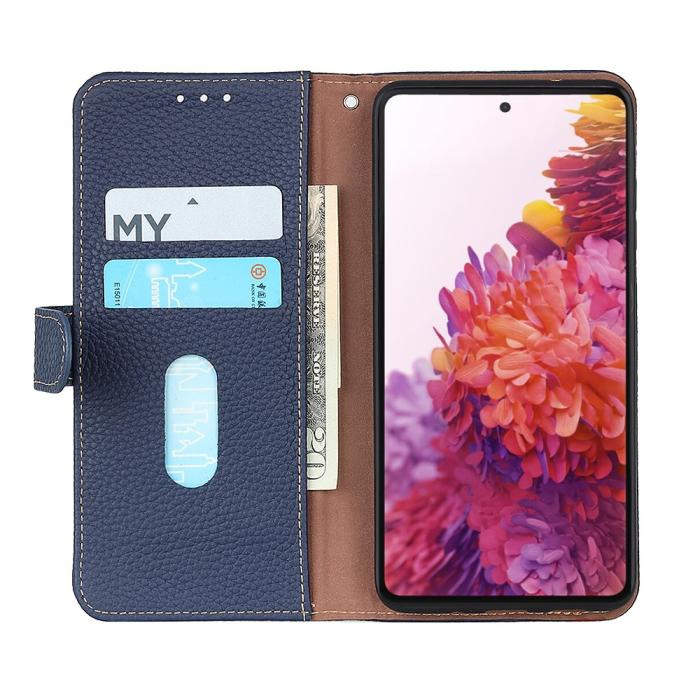 KHAZNEH - KHAZNEH Litchi Äkta Läder Plånboksfodral Google Pixel 6 - Blå