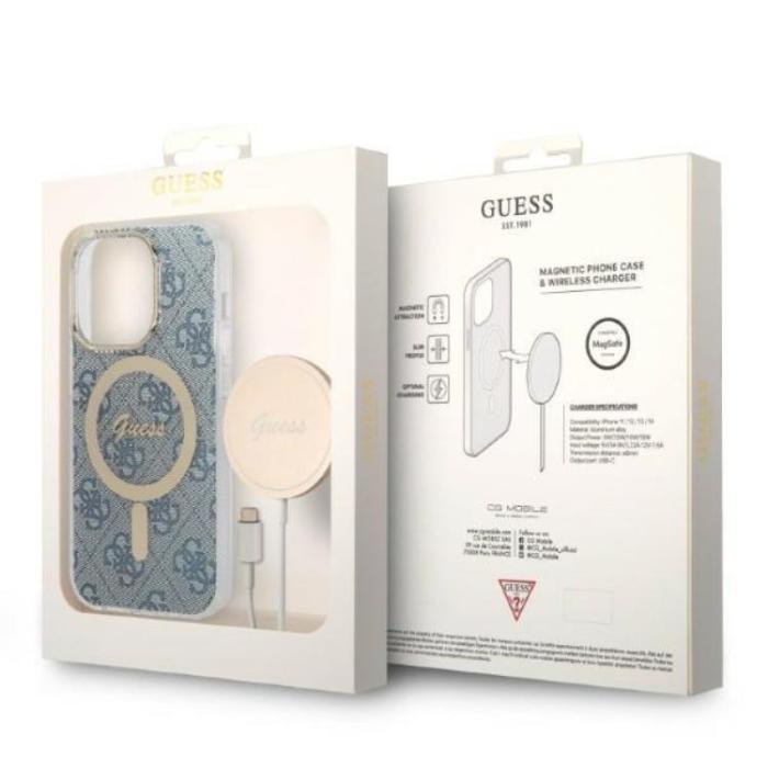 Guess - GUESS iPhone 14 Pro Max Magsafe Skal Print + Trådlös Laddare - Blå
