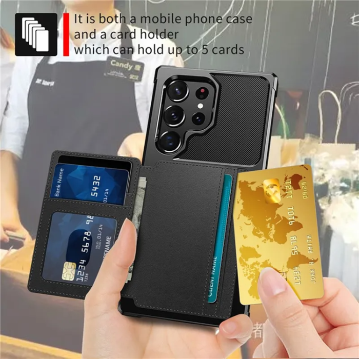 A-One Brand - Galaxy S23 Ultra Mobilskal Korthållare ZM03 PU-Läder - Svart