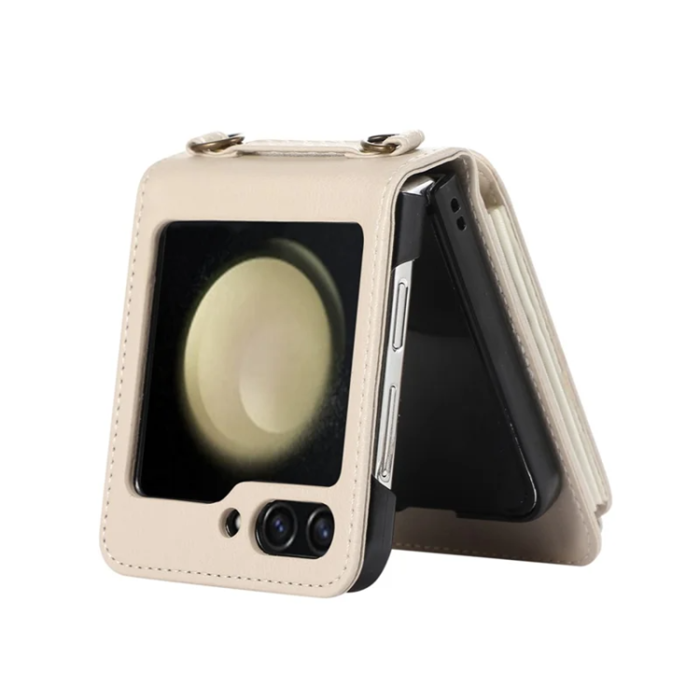 A-One Brand - Galaxy Z Flip7 Plånboksfodral Ring Kickstand med Lång rem - Beige