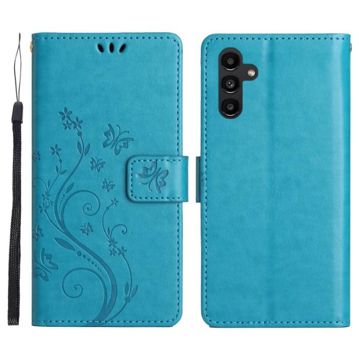 OEM - Samsung Galaxy S26 Plus Plånboksfodral Konstläder Fjäril Blommor - Blå