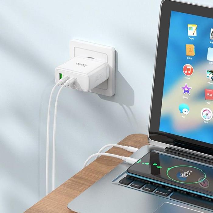 Hoco - Hoco Väggladdare 2 x Type C + USB A 65W GaN - Vit