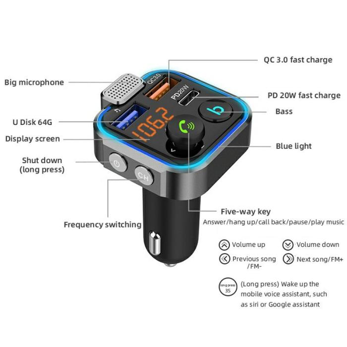 OEM - BT23 Dual USB Digital Display Bil Bluetooth MP3 Spelare FM Sändare 20W svart