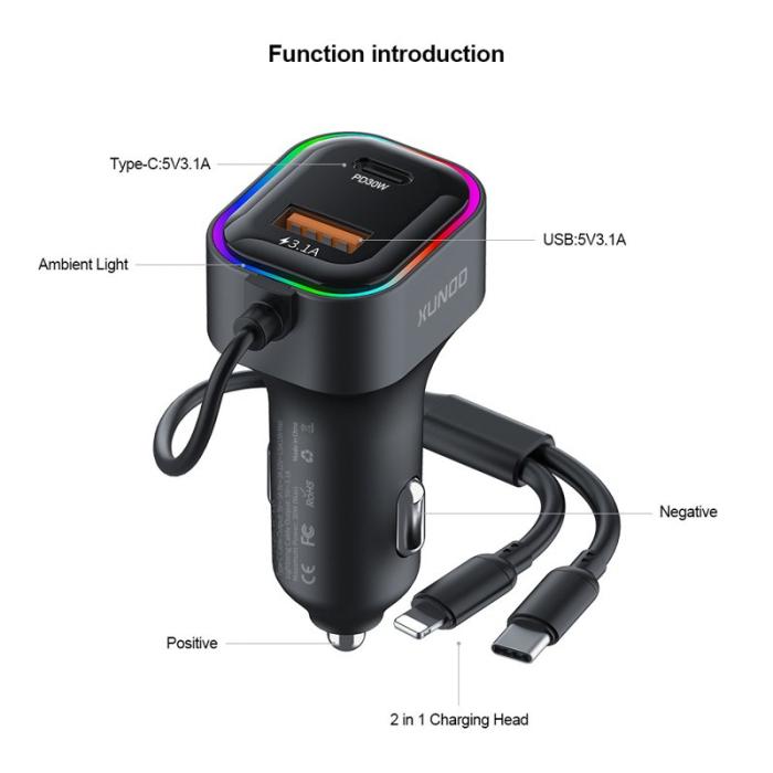 OEM - XUNDD XDCH-106 Biladapter 22,5W Dubbelkabel Snabbladdning Flera portar