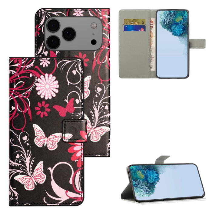 A-One Brand - iPhone 17 Pro Plånboksfodral Pattern Print Läder - Svart Fjäril