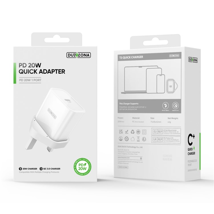 DUZZONA - DUZZONA Snabbladdare 20W USB-C UK T3 PD - Vit