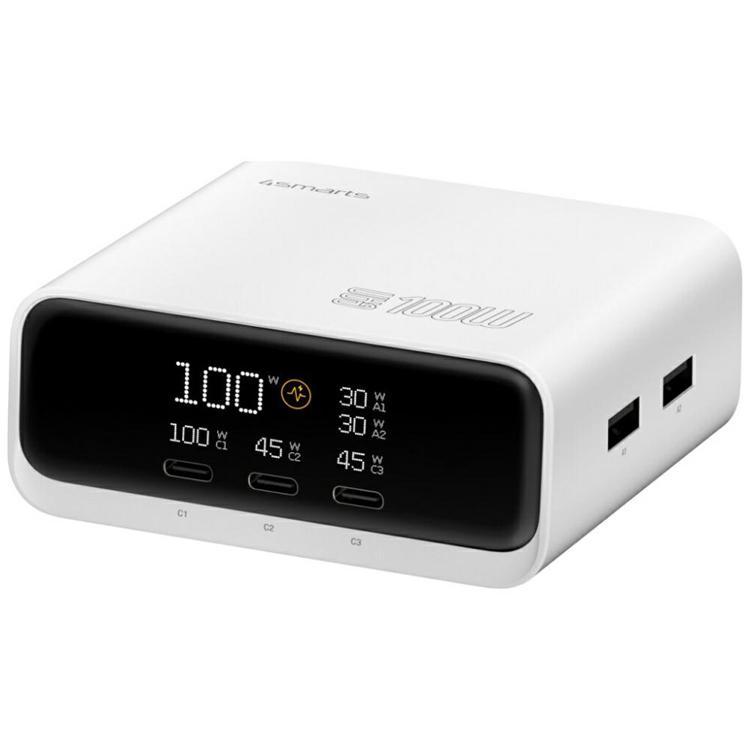 4smarts Laddningsstation 100W GaN 3xUSB-C 2xUSB-A med Display - Vit