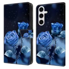 OEM - Samsung Galaxy S26 Fodral M&ouml;nstertryck St&auml;ll L&auml;der Flip - Bl&aring; Rosor