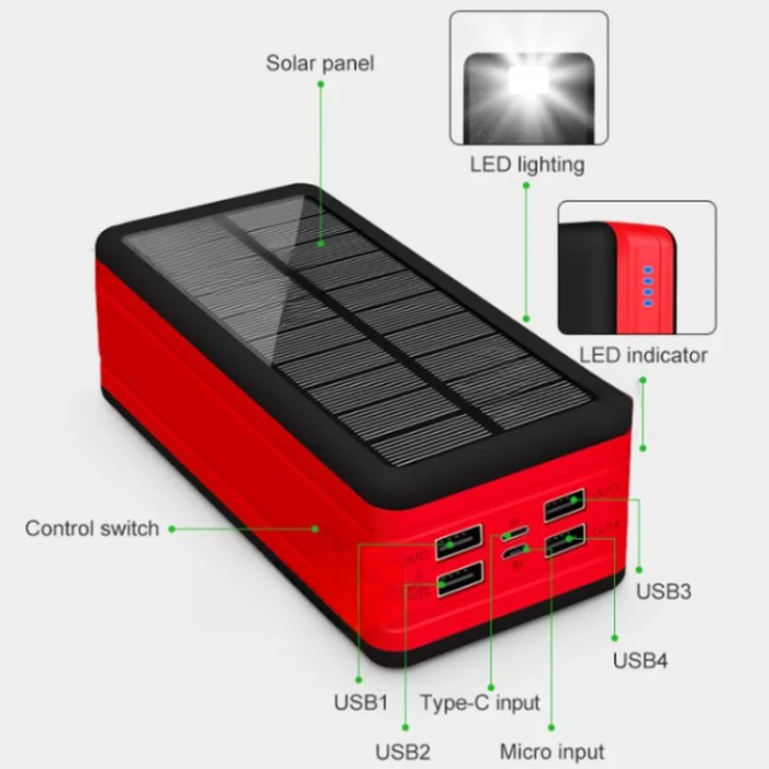 A-One Brand - Solar Powerbank 50000mAH med Camping Light - Röd