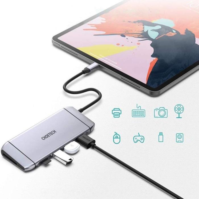 Choetech - Choetech 9in1 Multifunktionell HUB 3 x USB Till USB-C - Grå