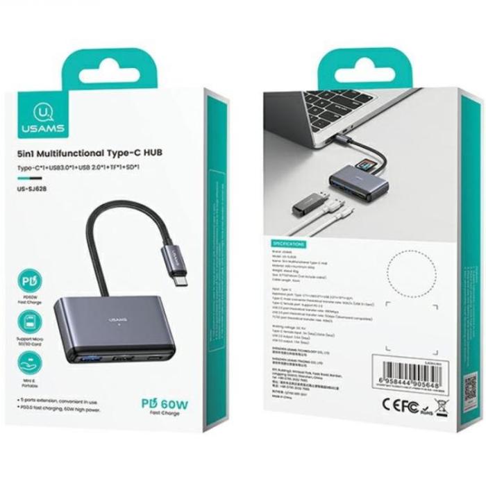 USAMS - USAMS 5in1 Adapter Hubb USB-C, 2xUSB-A, TF, SD - Grå