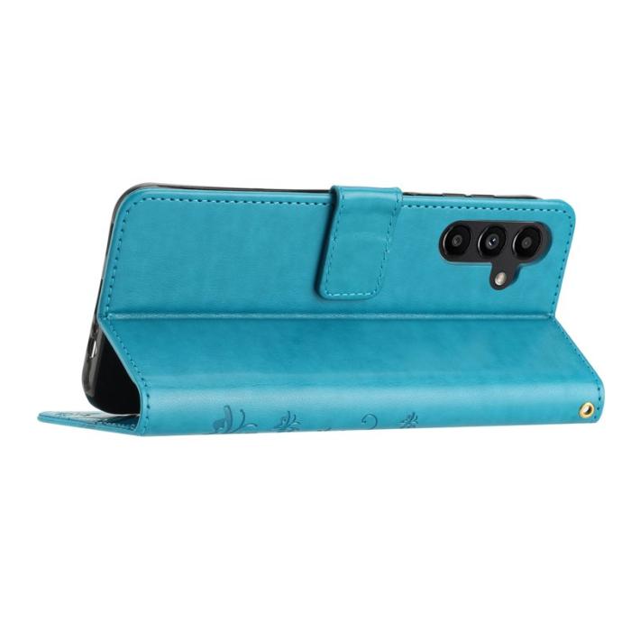 OEM - Samsung Galaxy S26 Plus Plånboksfodral Konstläder Fjäril Blommor - Blå