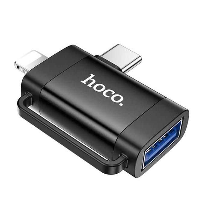 Hoco - Hoco 2in1 Adapter OTG USB-A till Lightning/USB-C UA31F - Svart
