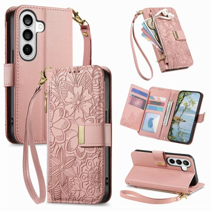 OEM - Mobilfodral för Samsung Galaxy S26 Plus Blommönster Flera kort - Rosa