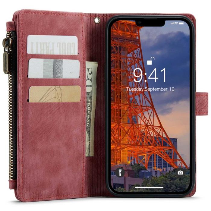 Caseme - CASEME C30 Plånboksfodral för iPhone 14 Plus med Rem Röd Konstläder