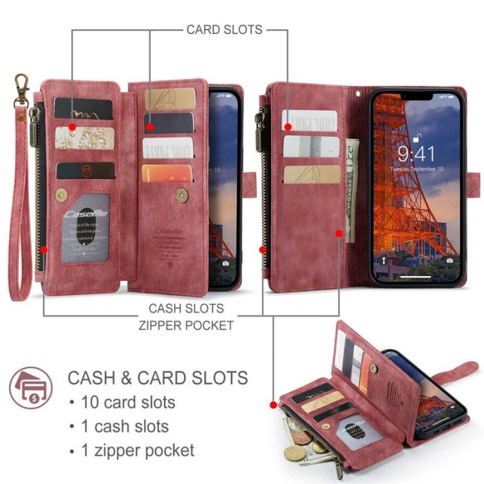 Caseme - CASEME C30 Plånboksfodral för iPhone 14 Plus med Rem Röd Konstläder