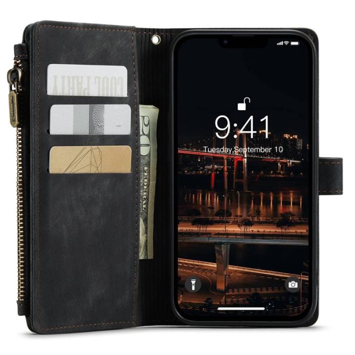 Caseme - CASEME Konstläder Plånboksfodral för iPhone 14 Plus med Rem - Svart