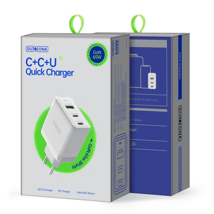 UTGATT1 - Duzzona GaN Väggladdare 65W USB Till 2 x Typ-C - Vit