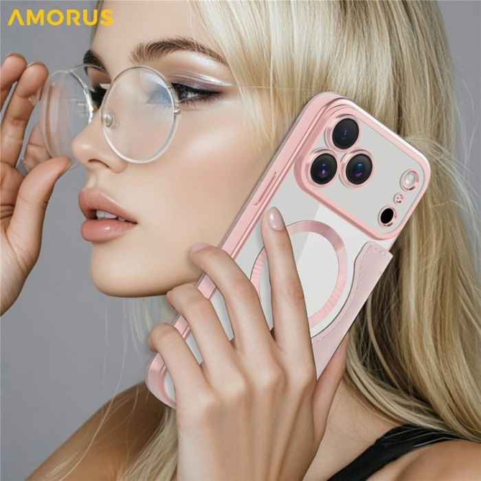 Amorus - AMORUS iPhone 17 Pro Max Plånboksfodral MagSafe RFID - Rosa