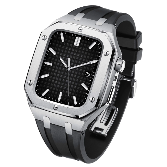 A-One Brand - Apple Watch 7/8/9 (45mm) Luxury Band Armor Stainless Steel - Silver/Svart