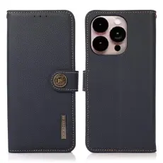 KHAZNEH - KHAZNEH iPhone 14 Pro Plånboksfodral RFID Äkta Läder - Blå