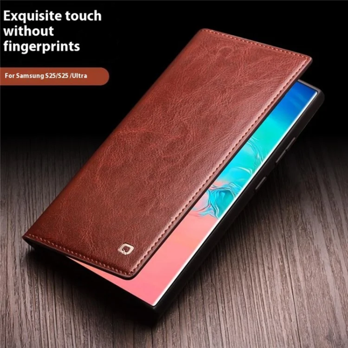 QIALINO - Qialino Galaxy S25 Ultra Plånboksfodral Äkta Läder Flip - Brun
