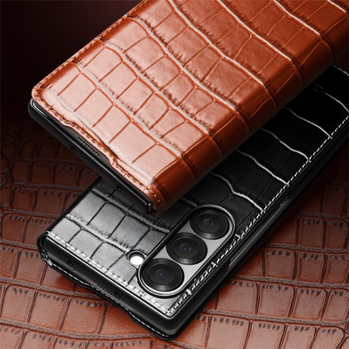 QIALINO - QIALINO Galaxy Z Fold 6 Fodral Äkta Läder Cowhide Crocodile