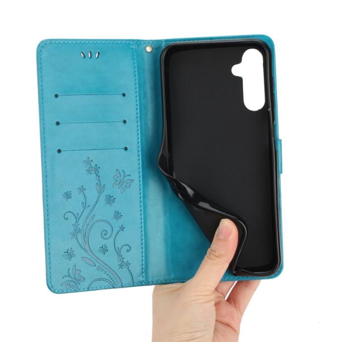 OEM - Samsung Galaxy S26 Plus Plånboksfodral Konstläder Fjäril Blommor - Blå