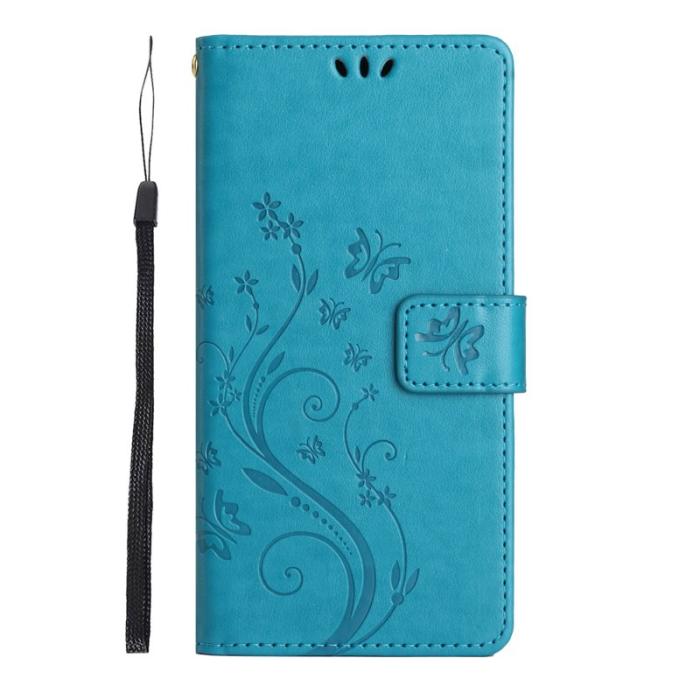 OEM - Samsung Galaxy S26 Plus Plånboksfodral Konstläder Fjäril Blommor - Blå