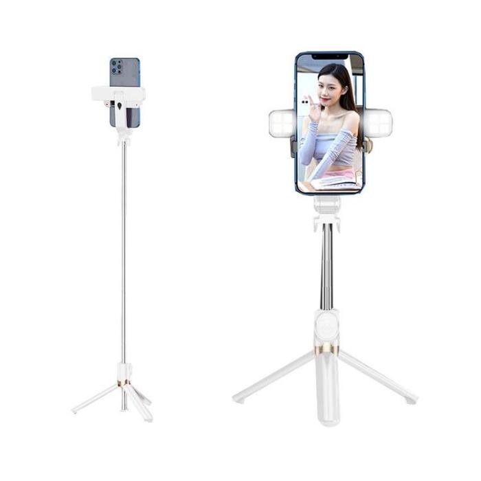 OEM - Selfiestick / Tripod fjärrkontroll med LED light - Vit