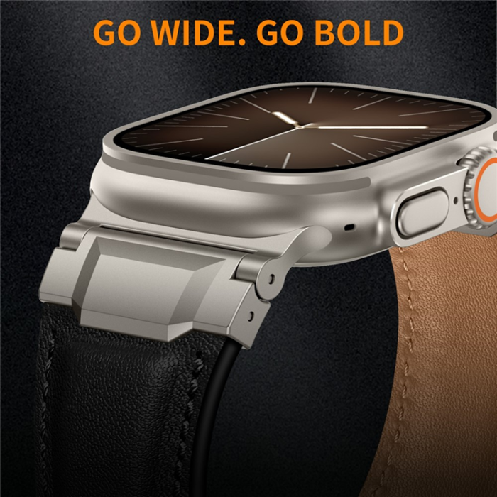 A-One Brand - Apple Watch (42/44/45/46/49mm) Armband Cowhide Läder - Svart/Titanium